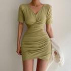 Short-sleeve V-neck Twist-front Mini Bodycon Dress