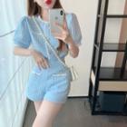 Puff-sleeve Faux Pearl Blouse / Shorts
