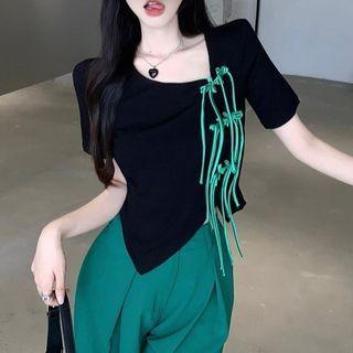 Asymmetrical Short-sleeve Bow T-shirt Black - One Size