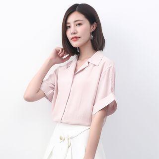 Short-sleeve Loose-fit Collared Plain Blouse
