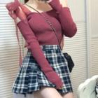 Cold-shoulder Ribbed Knit Sweater / Plaid Mini A-line Skirt