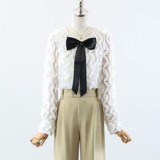 Ruffled Bow Mesh Blouse / Midi A-line Skirt