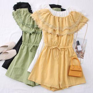 Boatneck Lace-trim Ruffled Playsuit