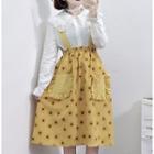 Lace Trim Collared Blouse / Frilled Trim Pocket Print Suspender Dress