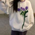 Floral Sweater Purple Flower - White - One Size