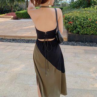 Halter Lace Up Two-tone Midi A-line Dress