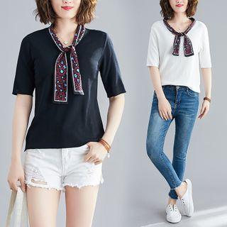 Leopard Print Tie-neck Elbow-sleeve T-shirt
