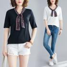 Leopard Print Tie-neck Elbow-sleeve T-shirt