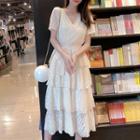 Lace V-neck Short-sleeve Midi A-line Dress