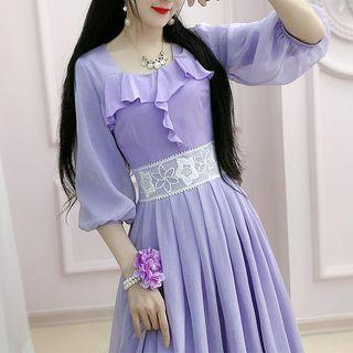 Elbow-sleeve Ruffle Trim Lace Panel Midi A-line Dress