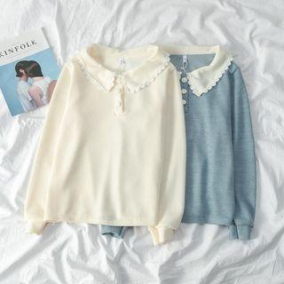 Lace Trim Long Sleeve Polo Top