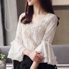 Bell-sleeve V-neck Lace Top