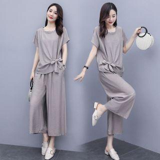 Set: Short-sleeve Bow Accent T-shirt + Wide Leg Cropped Pants