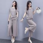 Set: Short-sleeve Bow Accent T-shirt + Wide Leg Cropped Pants