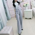 Set:short-sleeve Plaid Panel Top + Plaid Boot-cut Pants