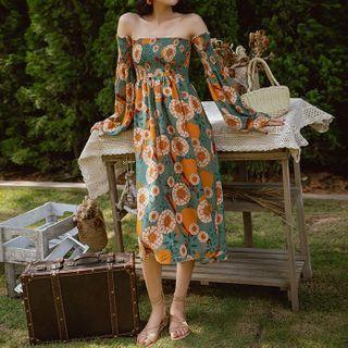 Off-shoulder Flower Print Midi A-line Dress Green - One Size