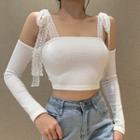 Cold-shoulder Lace Bow Ribbed T-shirt