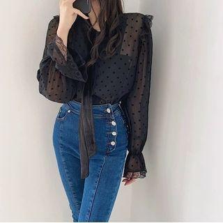 Bell-sleeve Polka Dot Sheer Top Black - One Size