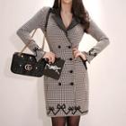 Long-sleeve Houndstooth Mini A-line Dress