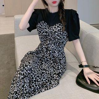 Short-sleeve Heart Print Panel Midi Dress Black - One Size