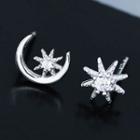 Non-matching 925 Sterling Silver Rhinestone Moon & Star Earring White Gold - One Size