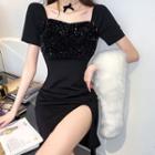 Short-sleeve Sequin Side-slit Mini Sheath Dress