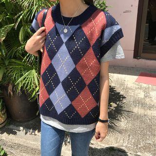 Diamond Check Knit Vest As Shown In Figure - One Size