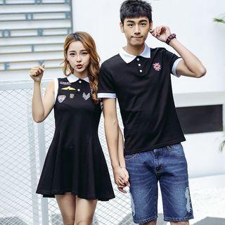 Couple Matching Patch Embroidered Short Sleeve Polo Shirt / Sleeveless Polo Shirtdress
