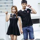 Couple Matching Patch Embroidered Short Sleeve Polo Shirt / Sleeveless Polo Shirtdress