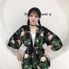 Printed Open Front 3/4-sleeve Light Jacket As Shown In Figure - One Size