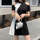 Set: Short-sleeve Cold Shoulder Color Block A-line Mini Dress + Shorts