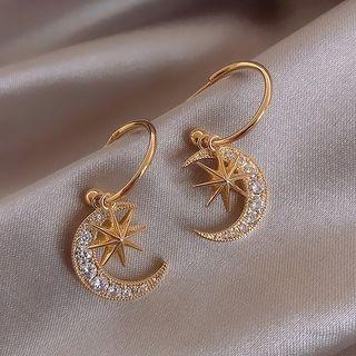 925 Sterling Silver Rhinestone Moon Drop Earring 1 Pair - Gold - One Size