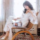 3/4-sleeve Maxi A-line Lace Wrap Dress