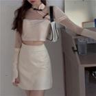 Long-sleeve Mesh Panel Qipao Top / Mini A-line Skirt