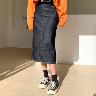 Slit-back Stitch-trim Denim Skirt
