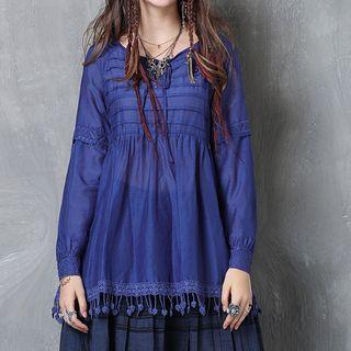 Long-sleeve Fringe-hem Top