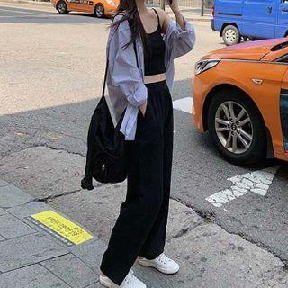 Set: Long-sleeve Striped Shirt + Camisole Top + Wide-leg Pants