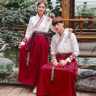 Long-sleeve Hanfu Top / Midi A-line Skirt / Bracelet / Sash / Hair Tie / Set