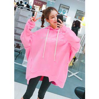 Hooded Asymmetric-hem Lettering Oversized Pullover