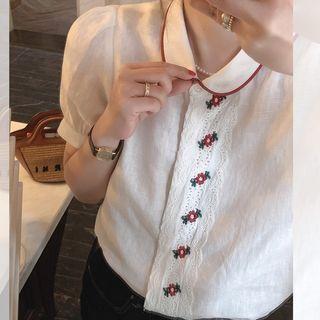 Round-neck Embroidered Puff-sleeve Blouse