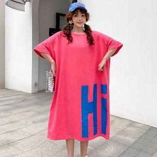 Elbow-sleeve Letter Print Midi T-shirt Dress