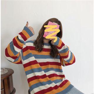 Color-block Striped Loose-fit Sweater As Figure - One Size