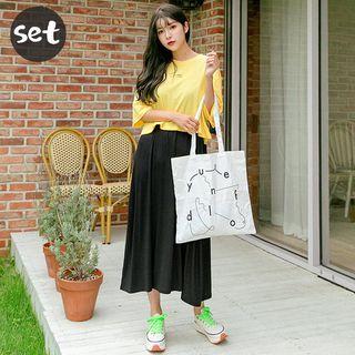 Set: Letter-printed T-shirt + Sleeveless Silky Midi Dress