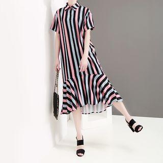 Short-sleeve Striped Midi Dress Blue & Pink - One Size