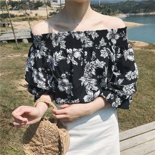Flower Print Off-shoulder Elbow-sleeve Top