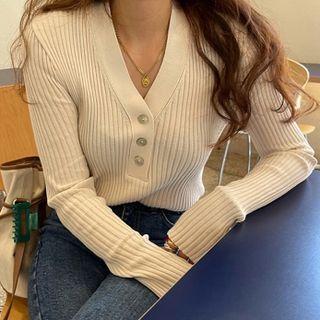 V-neck Long-sleeve Knit Polo Shirt