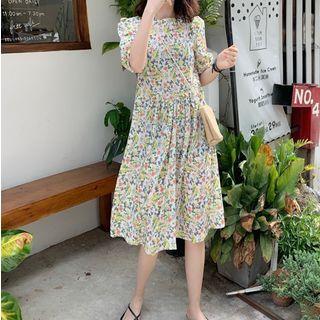 Floral Print Crewneck Puff-sleeve Dress As Shown In Figure - One Size