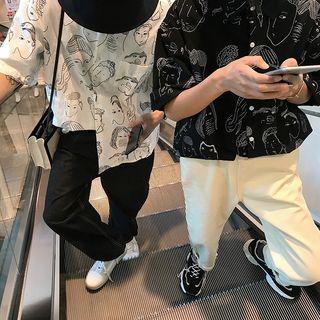 Couple Matching Elbow-sleeve Face Print Shirt