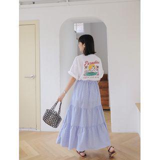 Band-waist Checked Maxi Tiered Skirt