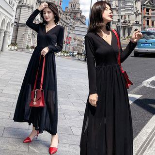 Long-sleeve Mesh Panel Maxi A-line Dress